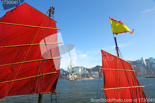 Image of Junk boat flag along the harbour in Hong Kong