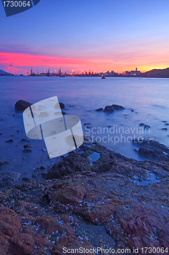 Image of Sunset along the coast, long exposure of rocks