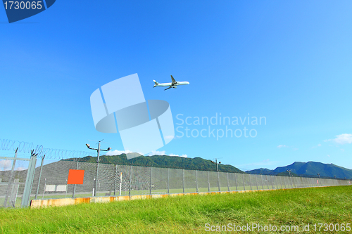 Image of Airplane fly over grasses at day time