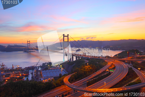 Image of Tsing Ma Bridge in Hong Kong at sunset time