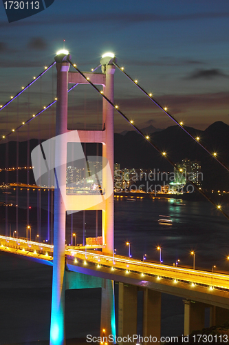 Image of Tsing Ma Bridge at night, close-up.