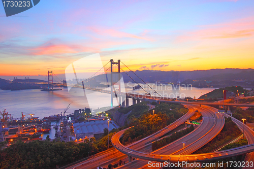 Image of Tsing Ma Bridge in Hong Kong at sunset time