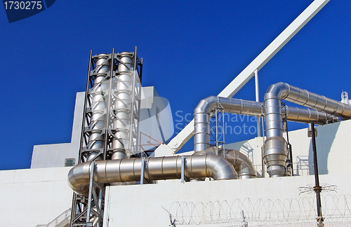 Image of Industrial pipelines in blue sky