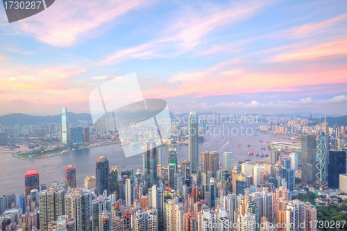 Image of Hong Kong at sunset time with many office buildings