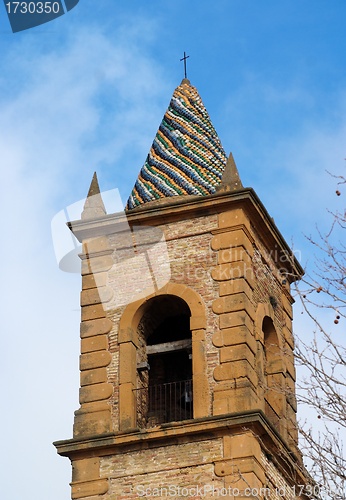 Image of Church belfry with colorful conical roof in Piazza Armerina, Sicily, Italy