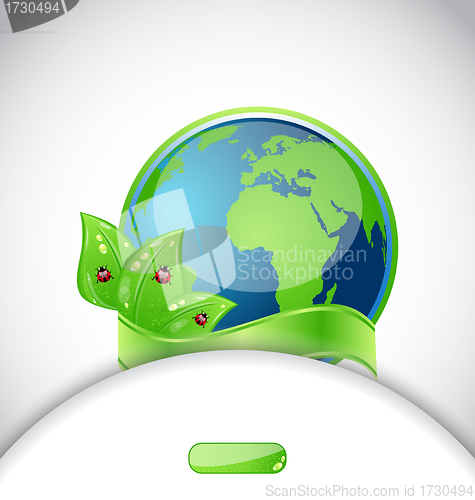 Image of Green earth with leaves and ladybugs, background with emblem