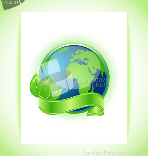 Image of Green earth with leaves wrapped ribbon isolated