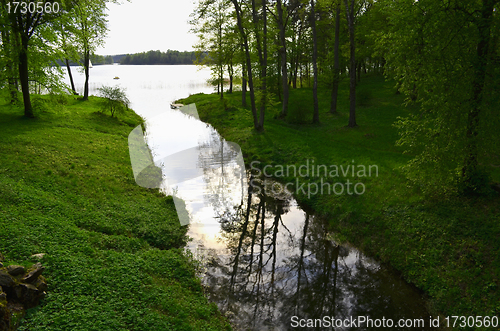 Image of Stream flow in lake Galve. reflections on water 