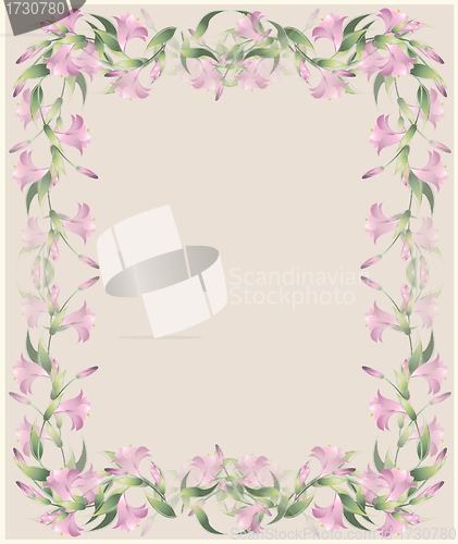 Image of Greeting card with a lily. Lily illustration.  Decorative framework with a lily.