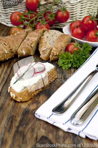 Image of fresh bread with herb curd dinner