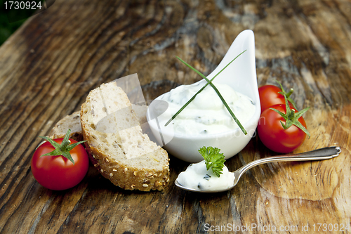 Image of fresh bread with herb curd dinner