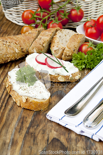 Image of fresh bread with herb curd dinner