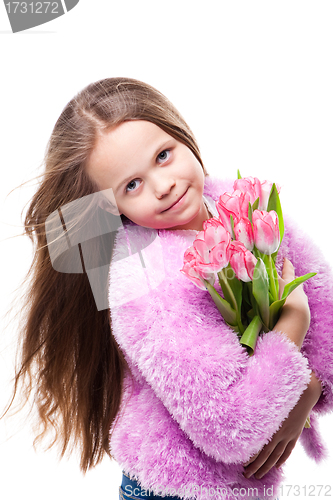 Image of beautiful  little girl with bouquet of pink tulips isolated on white