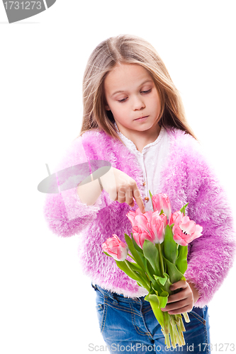 Image of beautiful  little girl with bouquet of pink tulips isolated on white