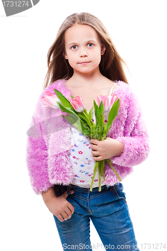 Image of beautiful  little girl with bouquet of pink tulips isolated on white