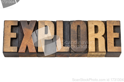 Image of explore word in letterpress wood type