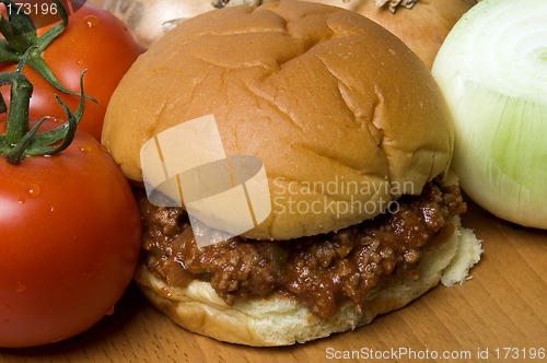 Image of sloppy joe sandwich with tomatoes onions