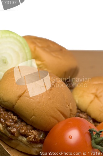 Image of sloppy joe sandwich with tomatoes onions