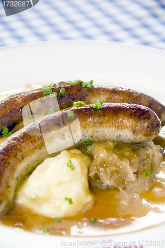 Image of Grobe sausage bratwurst with mashed potatos sauerkraut