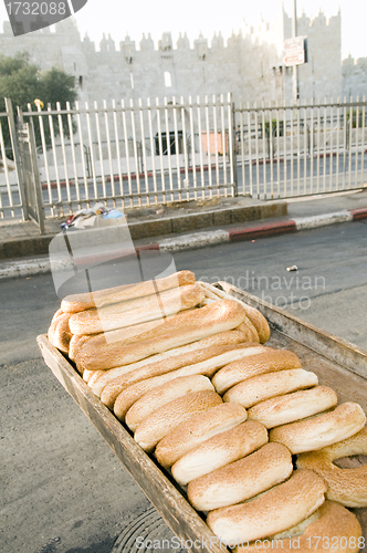 Image of bageleh bread Jerusalem street market view of Damascus Gate Isra