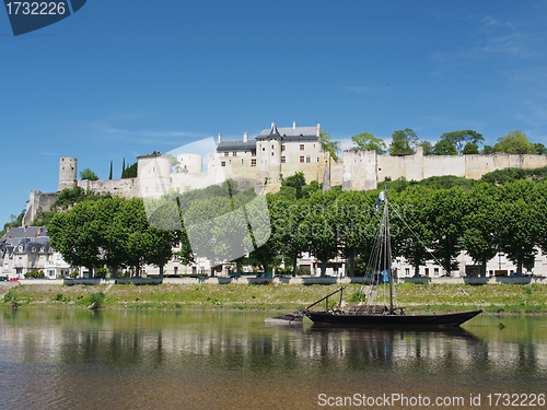 Image of Gabare in front of the city and medieval fortress of Chinon, Fra