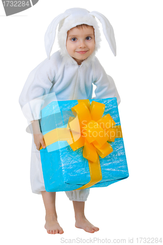 Image of Child dressed as a rabbit with a gift box