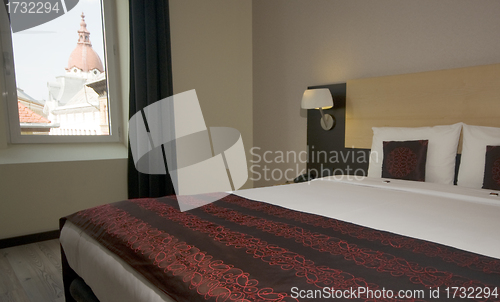 Image of  hotel room view historic domed church Budapest Hungary