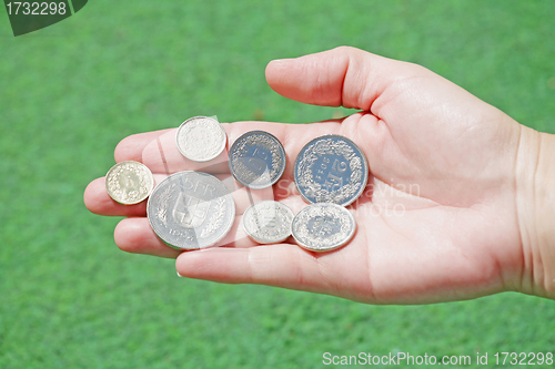 Image of Total set of swiss franc coins hold in open hand 