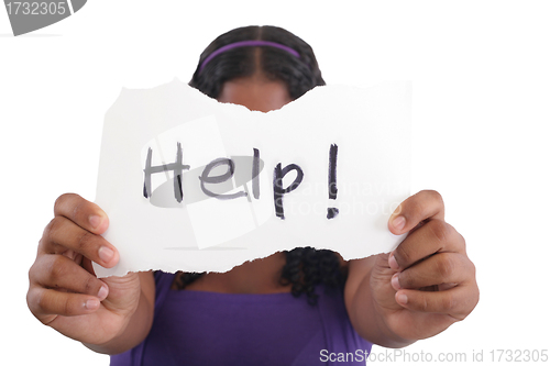 Image of Teenager with needing help, with help sign.
