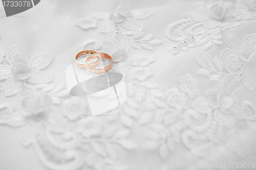 Image of Gold wedding rings on white dress