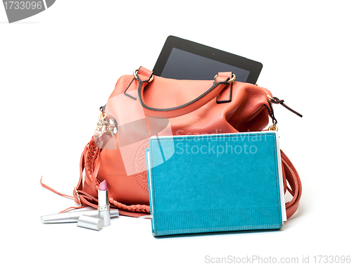 Image of Pink Leather Ladies Handbag with Tablet PC