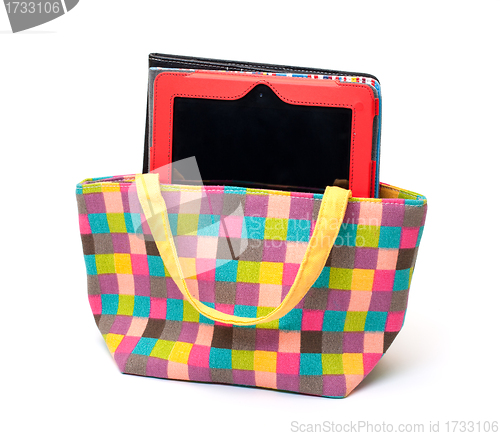 Image of Vibrant Cloth Ladies Handbag with Tablet PC