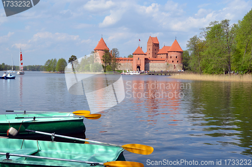 Image of Boats water bikes on Galve lake Trakai Castle 