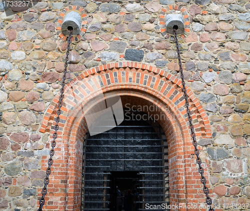 Image of Entrance to hall of castle gates hang on chains 