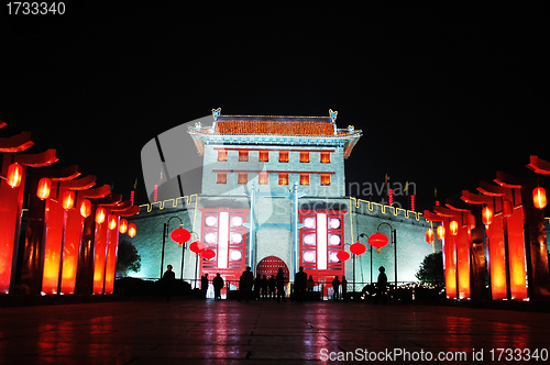 Image of Night scenes of the ancient city wall of Xian China