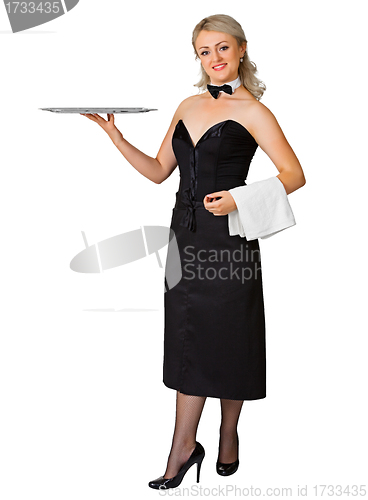 Image of Young woman waiter with a tray on white