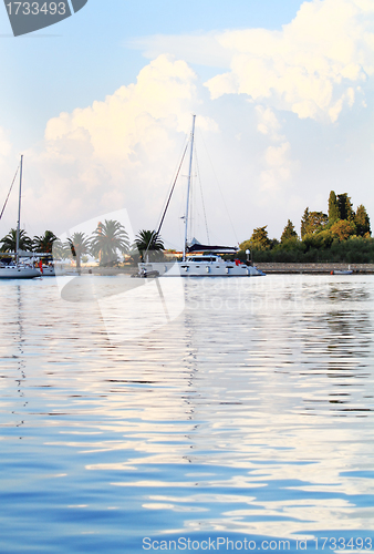 Image of White yachts on an anchor in harbor 