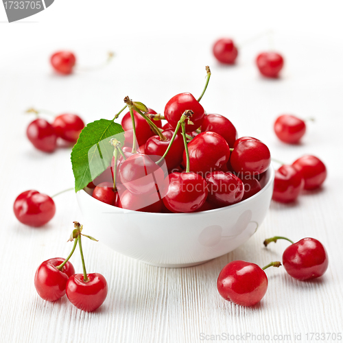 Image of fresh red cherries in white bowl