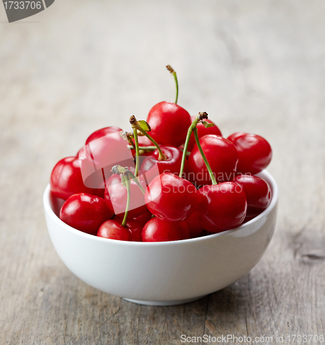 Image of fresh red cherries in white bowl