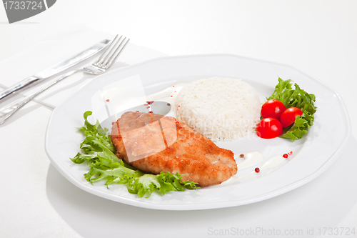 Image of  meat with mixed leaf salad an rice on white