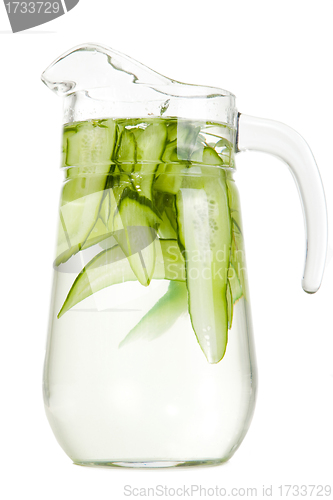 Image of refreshing water with cucumber on isolated white