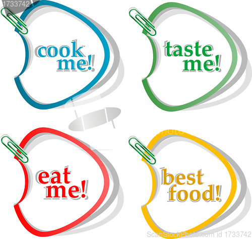 Image of Eat me, taste me, cook me and best food stickers. Vector set