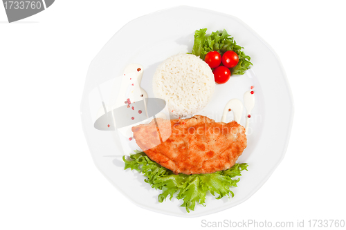 Image of  meat with mixed leaf salad an rice on isolated white