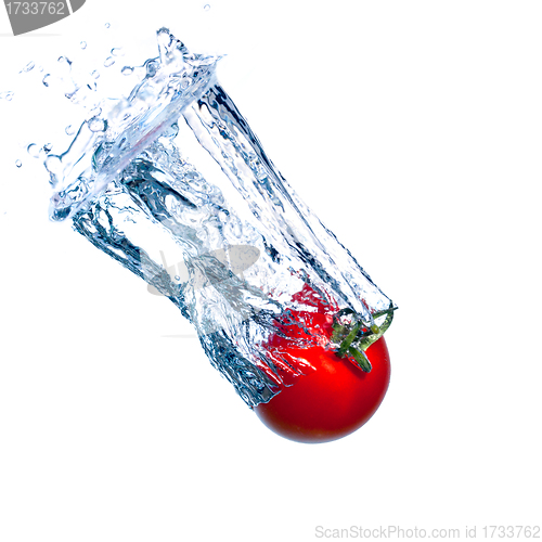 Image of Red Tomato Falls under Water with a Splash