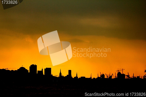 Image of german hamburg city evening skyline