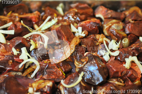 Image of marinated liver, kidneys, lungs meat shashlik