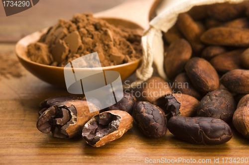 Image of Cocoa (cacao) beans on natural wooden table
