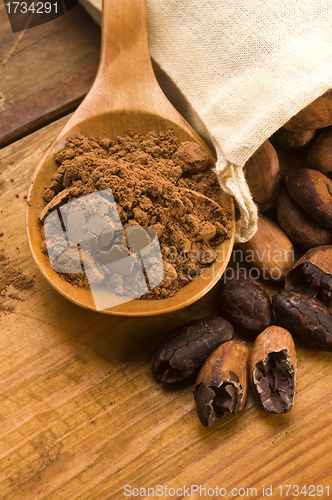 Image of Cocoa (cacao) beans on natural wooden table