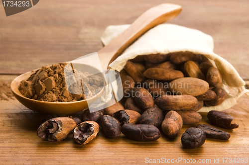 Image of Cocoa (cacao) beans on natural wooden table