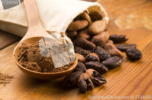 Image of Cocoa (cacao) beans on natural wooden table